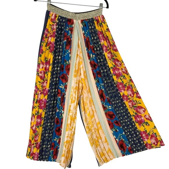 New Anthropologie Pant XS Floral Colorblock Pleated Wide PullUp Gold Waist Lined - Picture 2 of 15